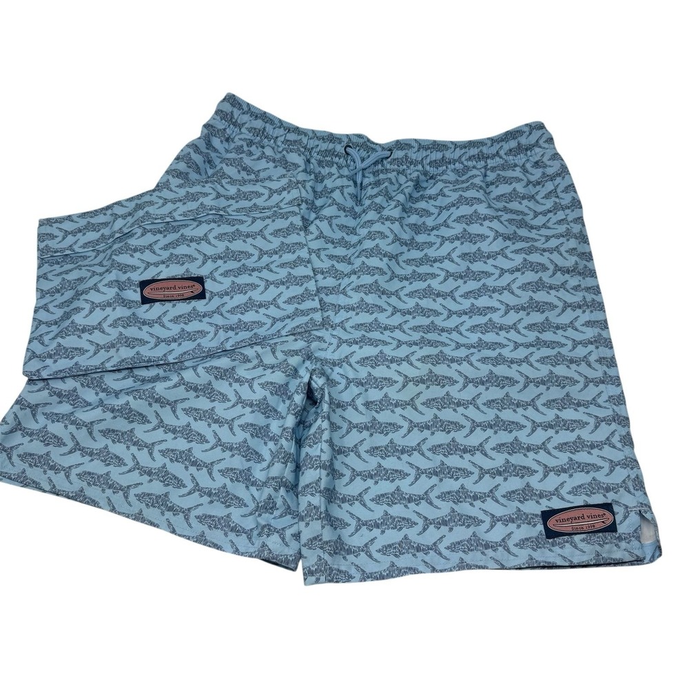Vineyard Vines Mens Light Blue Fish Print Chappy Swim Trunks Board Shorts